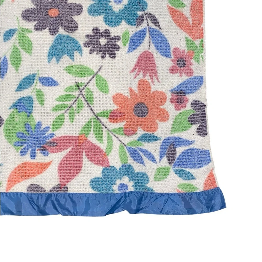 Vintage 60s 70s Floral Multicolor flower power print Blue Silky trim Blanket